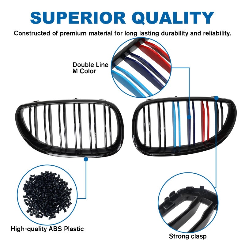 BILLDIO E60 Grille,Front Kidney M Color Grill Compatible with 2003-2009 BMW 5 series 520i,523i,525i,528i,530i,535i,550i,Double Slats 2Pcs - Image 3